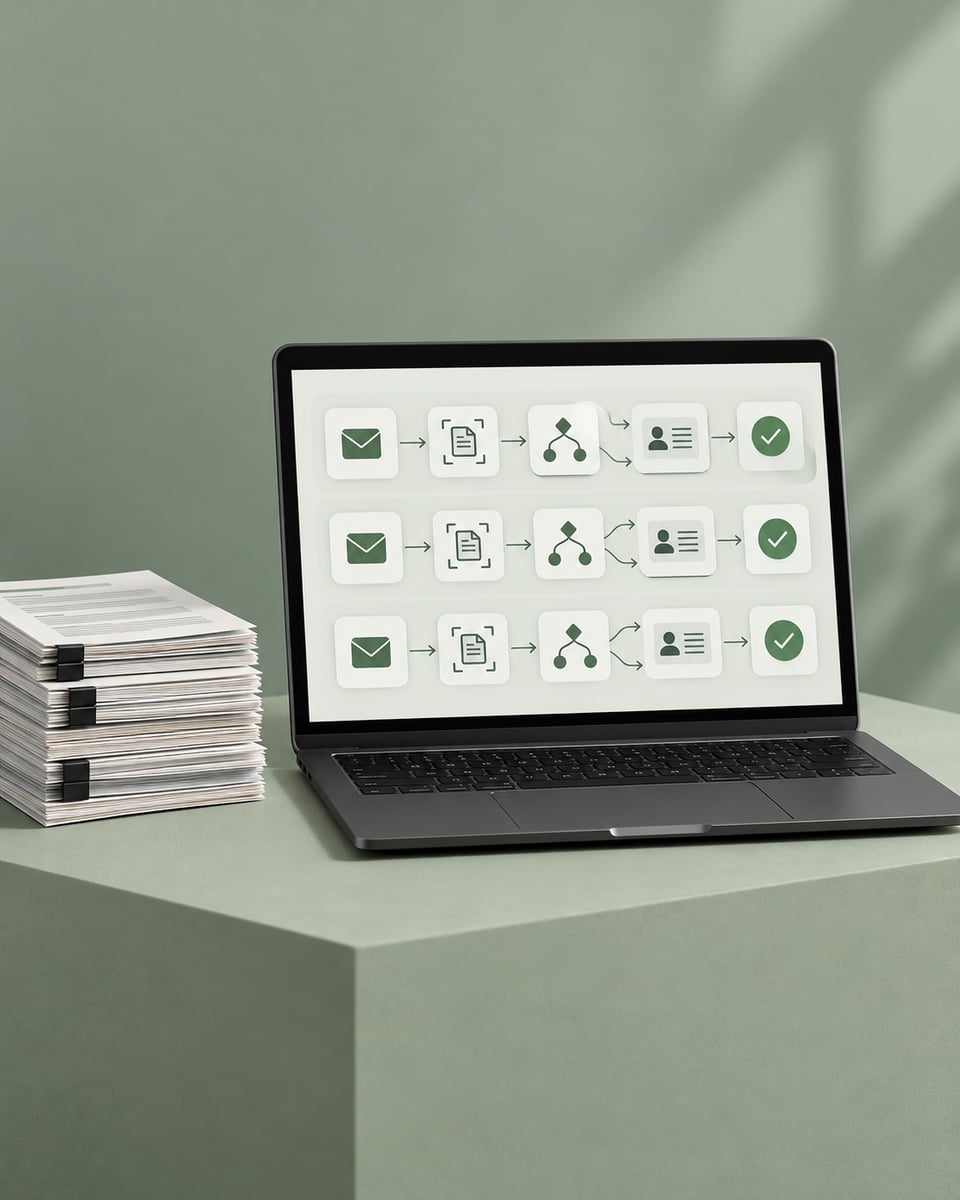 Illustration de circuits automatisés reliant messages, documents et dossiers clients sur un ordinateur