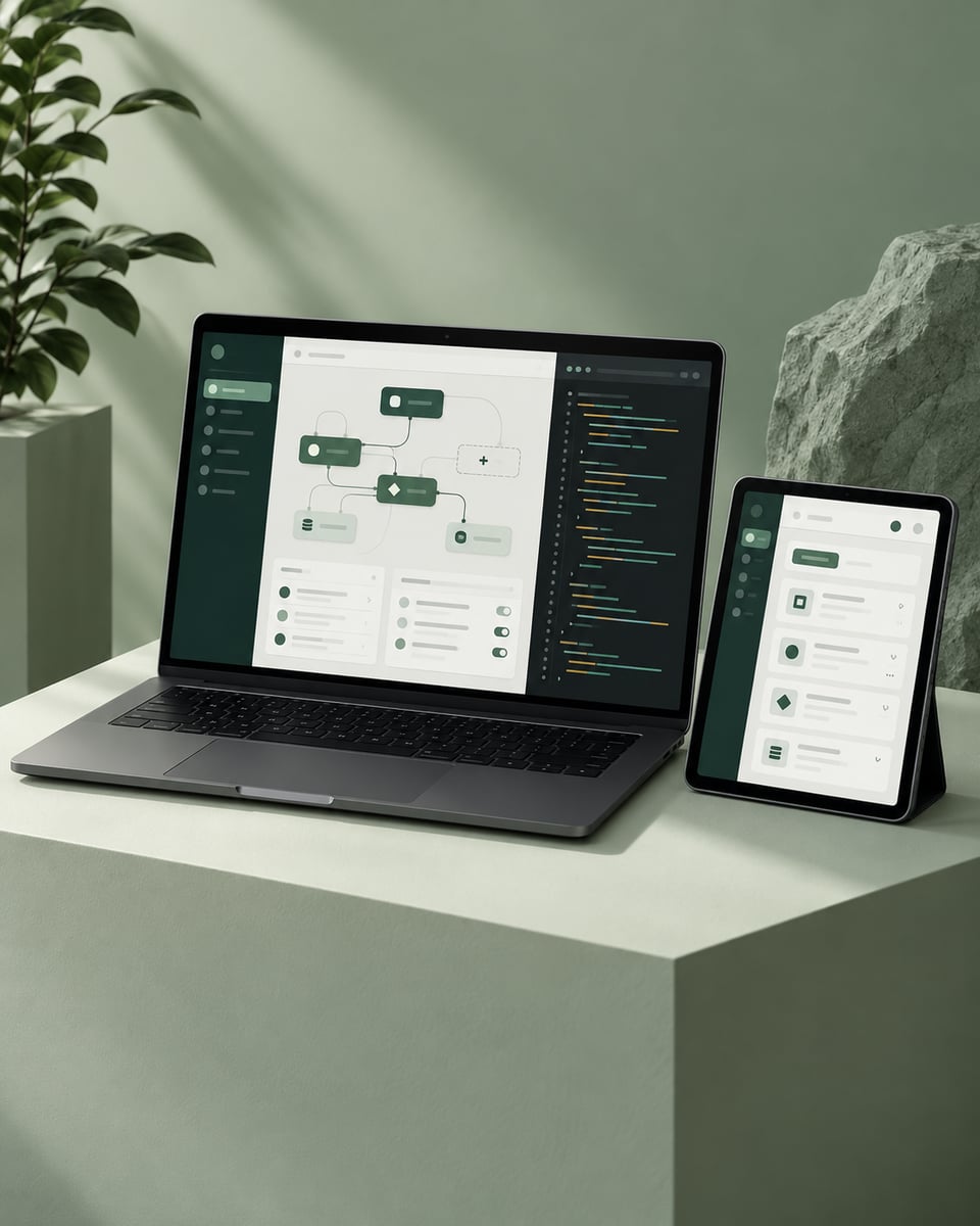 Illustration d’une application métier sur ordinateur et tablette, avec un éditeur de code et un circuit de traitement